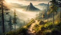 a path going through a foggy mountain valley at sunset , generated by AI Royalty Free Stock Photo