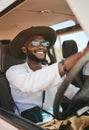 Travel, freedom and summer with black man driving in car on road trip vacation for adventure, happy and journey Royalty Free Stock Photo