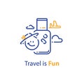 Travel is fun, emoticon in hat and bag, holiday trip, convenient service