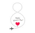 Travel gift on Women s Day Greeting Card, eight symbol path with fly air plane, 8 line path and heart icon vector Royalty Free Stock Photo