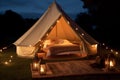 nature travel tent light vacation forest camping canvas luxury glamping. Generative AI.