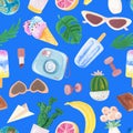 Cartoon summer seamless pattern. Ice cream, monstera, glasses Royalty Free Stock Photo