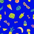 Cartoon summer seamless pattern. Ice cream, monstera, glasses Royalty Free Stock Photo