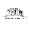 Travel Greece sign. Athens famous landmark building with hand drawn lettering Athens, Greece. Royalty Free Stock Photo
