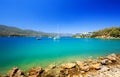 Travel Greece. Spectacular view on one of the most beautiful beaches in Poros Island. Summer holiday