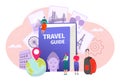 Travel guide book vector illustration. World map, travelers, luggage and worlds famous landmarks. Vacation and