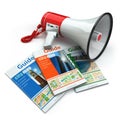 Travel guide books and megaphone on white isolated background.