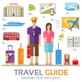 Travel guide infographic with vacation tour locations and items. Tourism with fast travel of the world on a flat design