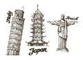 Travel. Hand drawn sketch Italy, Japan, Brazil. Vector illustration