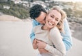 Travel, happy and couple hug on beach for holiday, vacation and weekend for anniversary. Love, marriage and mature man Royalty Free Stock Photo