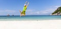 Banner of travel with happy a holiday of  freedom mood with young man jumping on the beach background Royalty Free Stock Photo