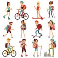 Travel happy people hiking outdoor actives. Vector flat characters set