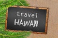 Travel Hawaii palm trees and blackboard on sandy beach Royalty Free Stock Photo
