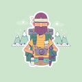 Travel, hiking, backpacking, tourism and people concept. Hiker with backpacks looks to the horizon over mountains Royalty Free Stock Photo