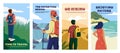 Travel and hiking posters. Cartoon people enjoying nature and look in the sky, adventurers and travelers in wild nature Royalty Free Stock Photo