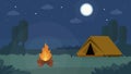 Travel and holiday concept. Tent and camp fire at night. Flat style. Vector illustration Royalty Free Stock Photo