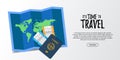 Travel holiday document illustration. boarding pass airplane ticket, passport, worldwide maps paper, and credit card top view.