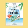 Travel on Holiday summer the beach Palm tree vacation poster, sea and sky sunlight , creative watercolor vector illustration Royalty Free Stock Photo