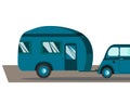 Travel in a house on wheels. Blue retro car with camping ride on a trip, vector. Royalty Free Stock Photo