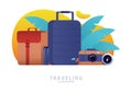 Travel icon concept flat icons set vector illustration, bag, suitcase, camera, compass, bottle