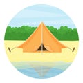 Travel icon. Tourist tent on the lake, against the background of the forest. Summer landscape. Cartoon style. Object for packaging