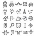 Travel icons in flat solid line design. Map markers and transportation signs and symbols. Tourism navigation vector outline