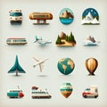 Travel icons on a light background multiple plane ship train car van camper