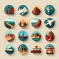 Travel icons plane train ship sea bus on a light ivory background multiple logo buttons