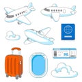 Travel icons set. Airplanes, suitcase, ticket and passport for tourism advertising.