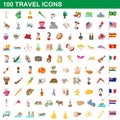 100 travel icons set, cartoon style Royalty Free Stock Photo