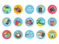 Travel icons set in colored circle shapes. Vector illustrations in flat style Royalty Free Stock Photo