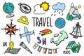 Travel icons set in hand drawn doodle style. Tourism and geography symbols. Vector illustration on white background Royalty Free Stock Photo