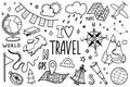 Travel icons set in hand drawn doodle style. Tourism and geography symbols. Vector illustration on white background Royalty Free Stock Photo