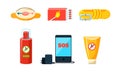 Travel Icons Set, Necessary Supplies for Trip and Traveling, Repellent, Rope, Compass, Box of Matches, Phone and Charger Royalty Free Stock Photo