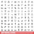 100 travel icons set, outline style Royalty Free Stock Photo