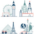 Travel icons set. Themed icons of London, Paris, New York and Moscow, isolated vector illustration