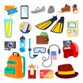 Travel Icons Vector. Summer Time. Holidays, Vacation. Tourism Items, Objects. Isolated Flat Cartoon Illustration