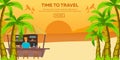 Travel illustration. Flat . Time to travel. Sunset. Airplane. Beach bar. Sea.