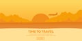 Travel illustration. Flat . Time to travel. Sunset. Airplane. Beach. Sea.