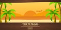 Travel illustration. Flat . Time to travel. Sunset. Airplane. Beach. Sea.