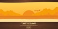 Travel illustration. Flat . Time to travel. Sunset. Airplane. Beach. Sea.