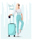 Travel illustration, modern woman in sneakers with a suitcase on background of the city, poster, design for travel agencies