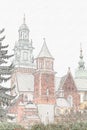 Pencil scetch on canvas. Architecture of the city of Krakow Poland.Travel illustration