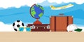 Travel illustration vector background with globe, plane, bag and clouds. Flat airplane tourism vacation world trip. Summer tour Royalty Free Stock Photo