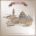 Travel illustration with Wailing Wall, Dome of the Rock, Jerusalem.