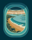 Travel illustration, wonderful seascape from an airplane porthole window. Banner, clip art,