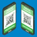 Travel immune passport in mobile phone. Isometric immunity certificate for safe traveling or shopping. Electronic health passport
