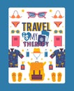 Travel inspiration poster, vector illustration. Summer vacation sea trip, clothes and accessories, swimming suit Royalty Free Stock Photo