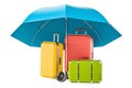 Travel insurance concept, suitcases under umbrella. 3D rendering