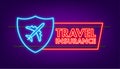 Travel insurance in neon style. Isometric vector illustration. Health insurance concept. Royalty Free Stock Photo